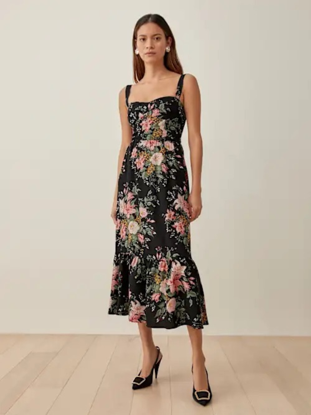 Reformation Celestia Black Floral Sleeveless Midi Dress in Hayden